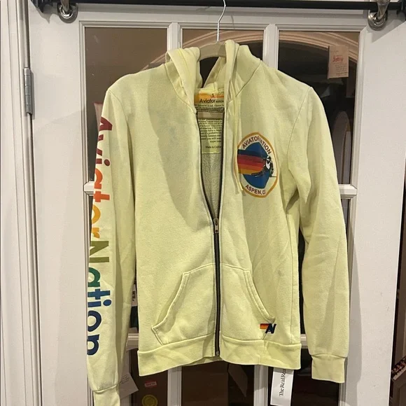 Aviator Nation yellow full zip classic rainbow  logo hoodie unisex flawed Small - Picture 2 of 11